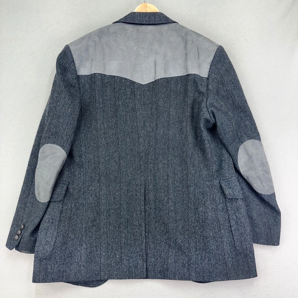 VTG Pendleton Blazer Jacket Mens‎ 44 Long Grey Herringbone Wool/Suede Western